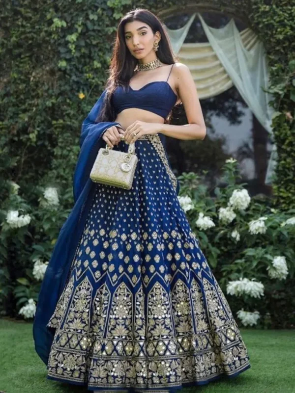 Navy Blue Mirror Work Embroidered Taffeta Wedding Wear Lehenga Choli