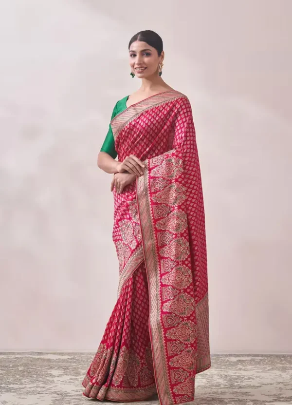 Rani Pink Zari Work Saree - Image 3